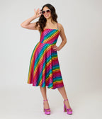 Unique Vintage Diagonal Rainbow Stripe Spaghetti Strap Midi Dress - Unique Vintage - Womens, DRESSES, SWING