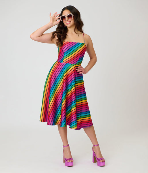 Unique Vintage Diagonal Rainbow Stripe Spaghetti Strap Midi Dress