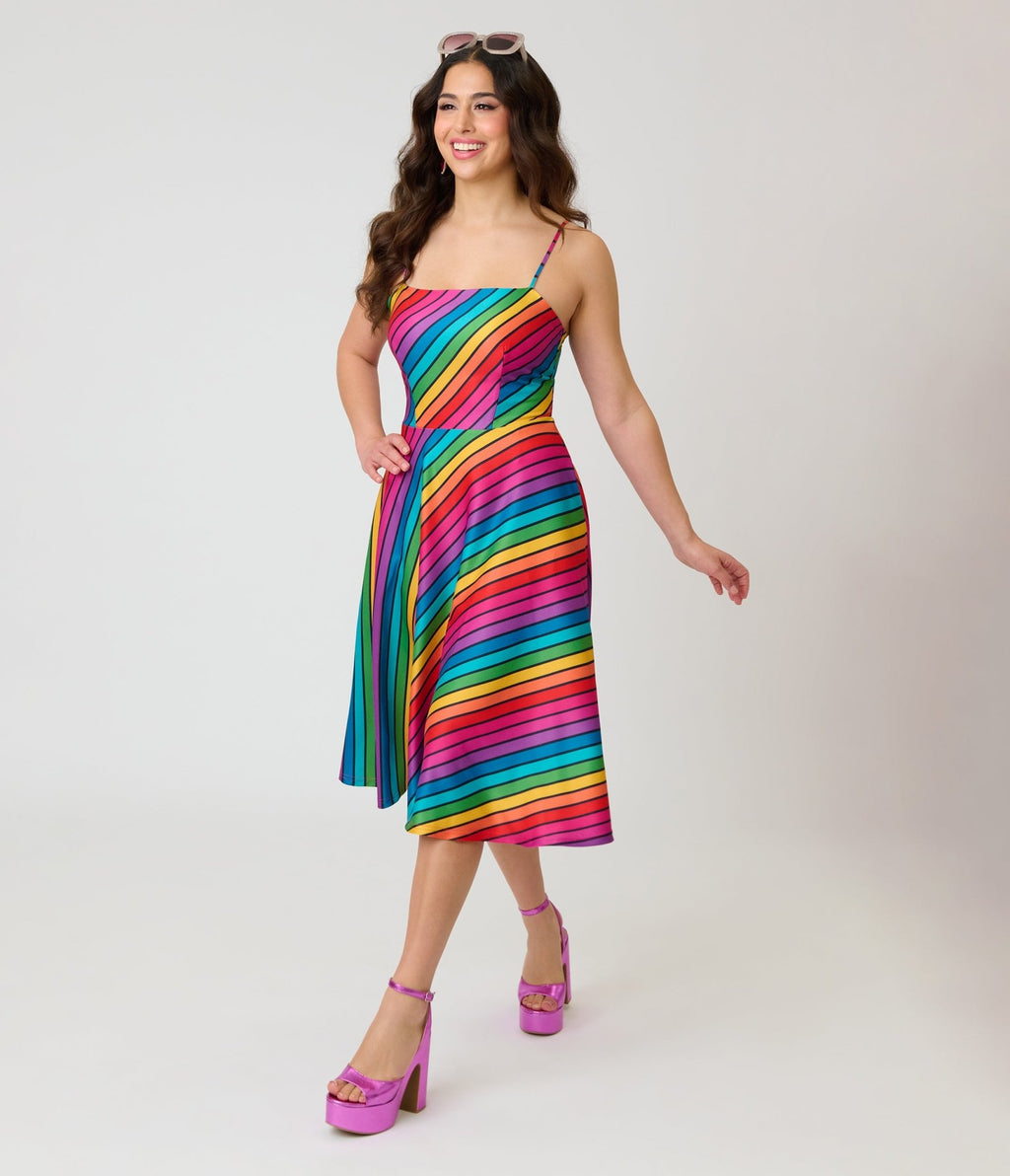 Unique Vintage Diagonal Rainbow Stripe Spaghetti Strap Midi Dress - Unique Vintage - Womens, DRESSES, SWING