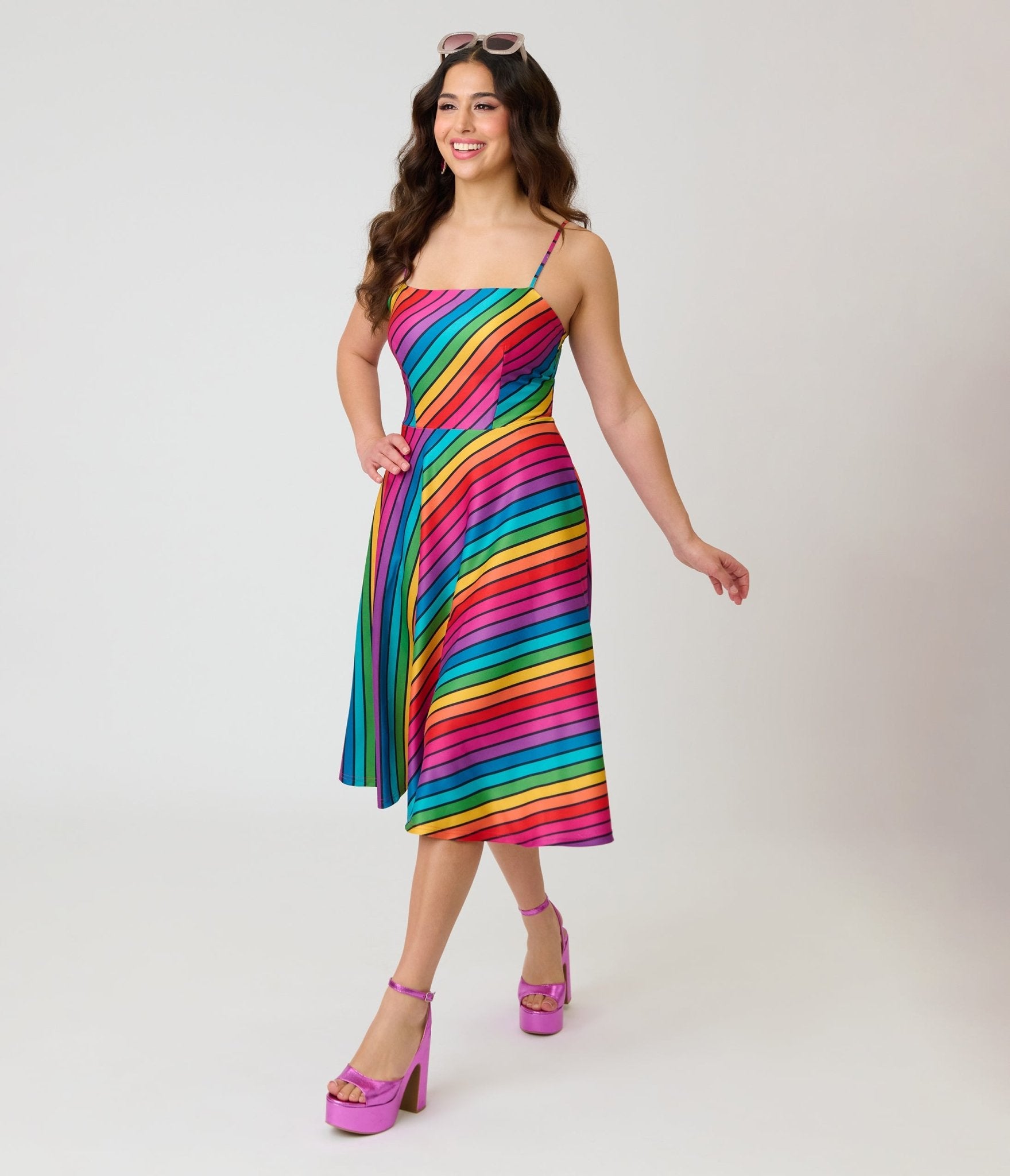 Unique Vintage Diagonal Rainbow Stripe Spaghetti Strap Midi Dress - Unique Vintage - Womens, DRESSES, SWING