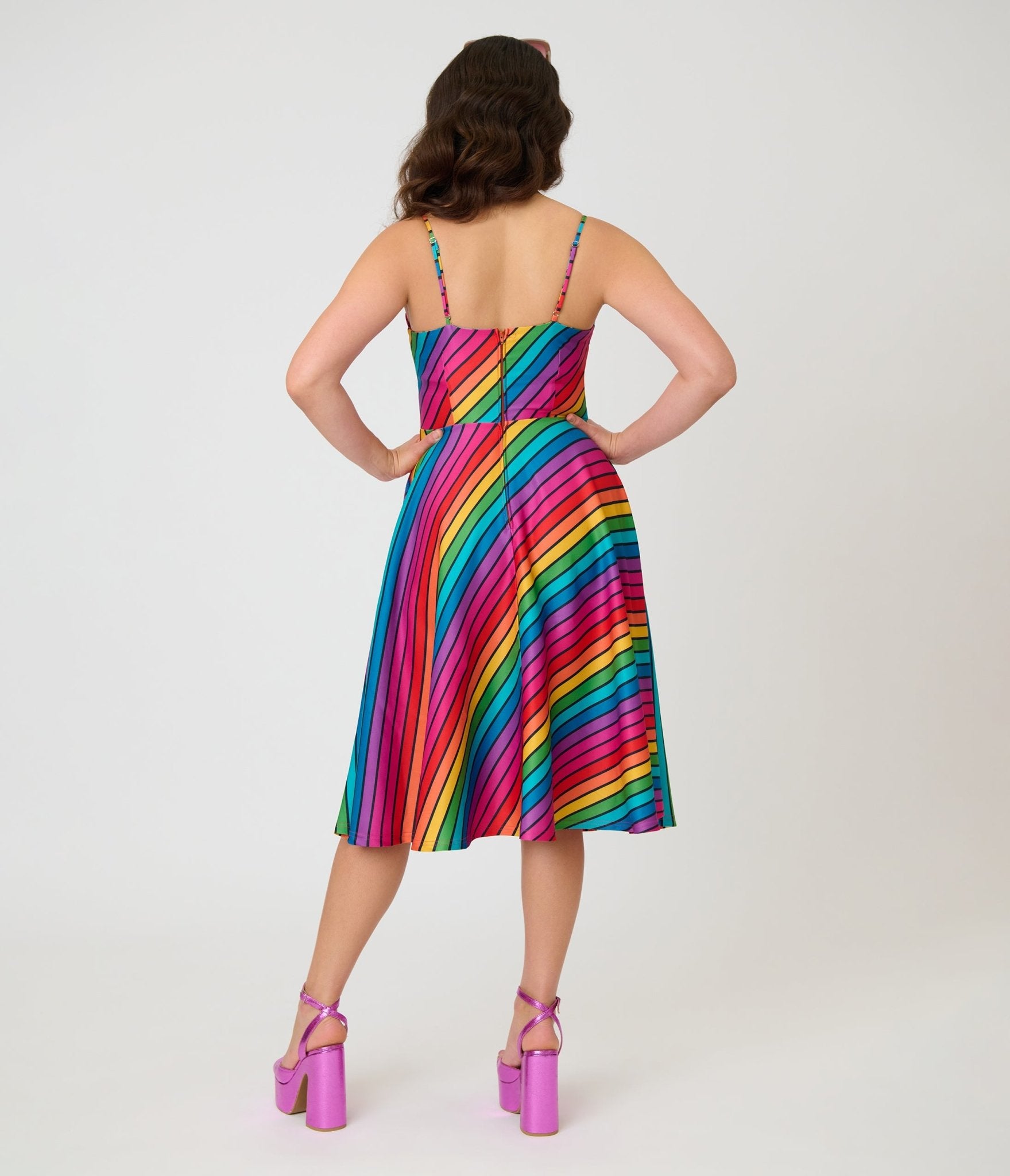Unique Vintage Diagonal Rainbow Stripe Spaghetti Strap Midi Dress - Unique Vintage - Womens, DRESSES, SWING