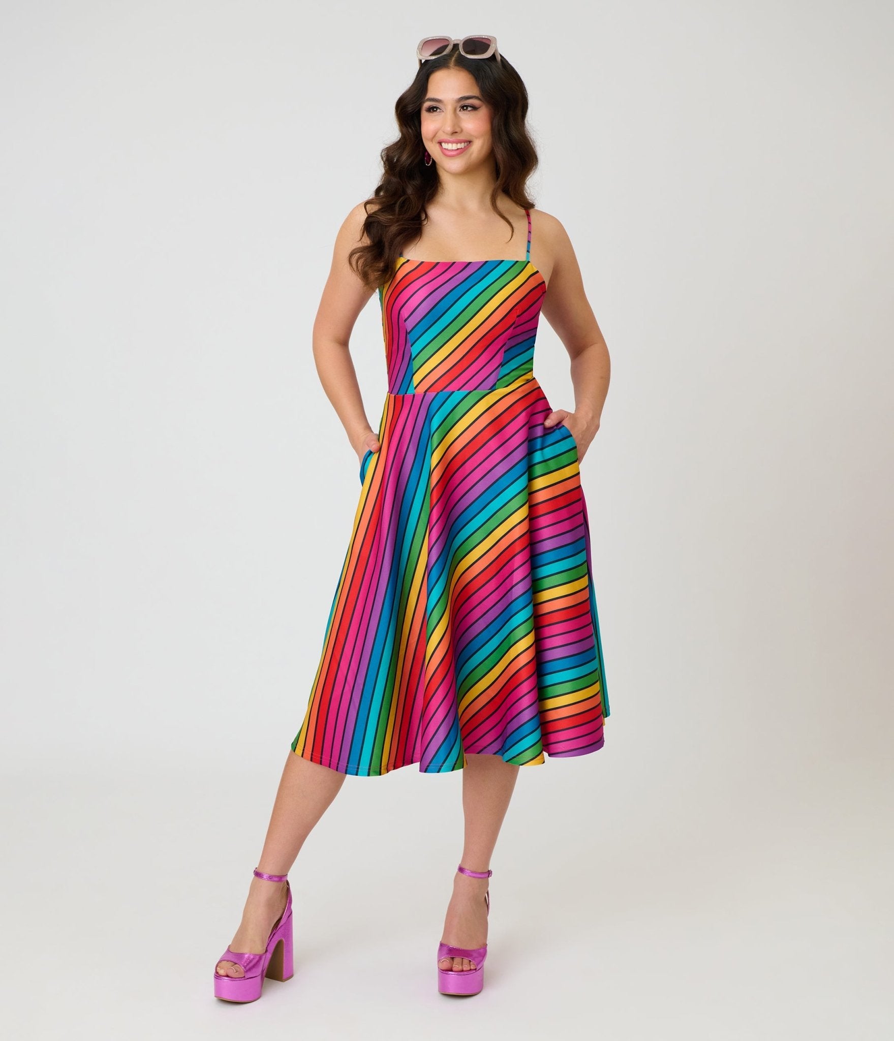 Unique Vintage Diagonal Rainbow Stripe Spaghetti Strap Midi Dress - Unique Vintage - Womens, DRESSES, SWING