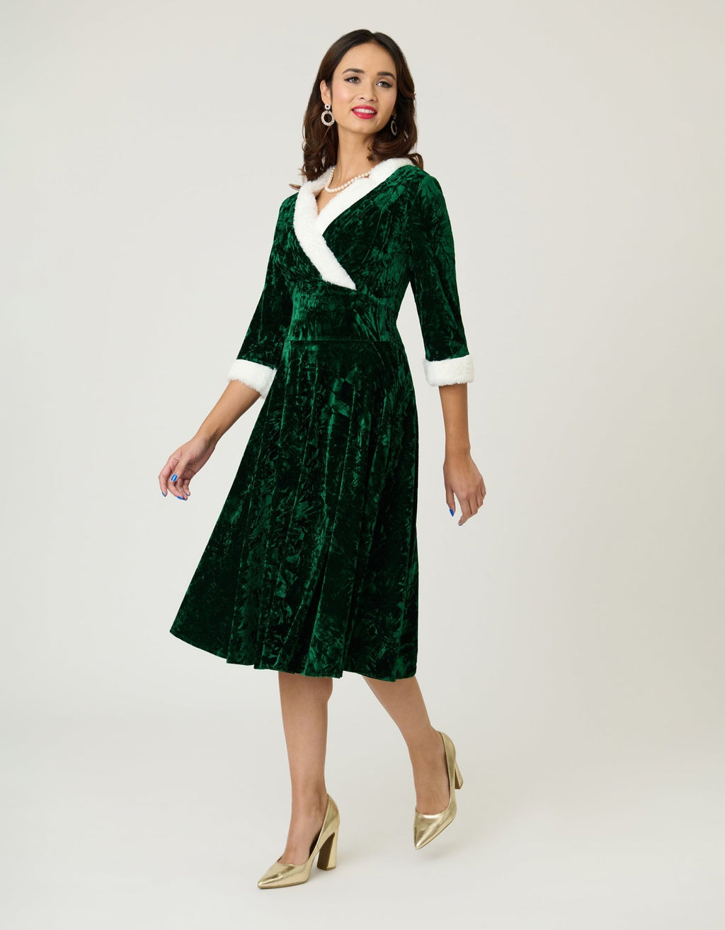 Unique Vintage Emerald Crushed Velvet & White Fur Delores Swing Dress - Unique Vintage - Womens, DRESSES, SWING