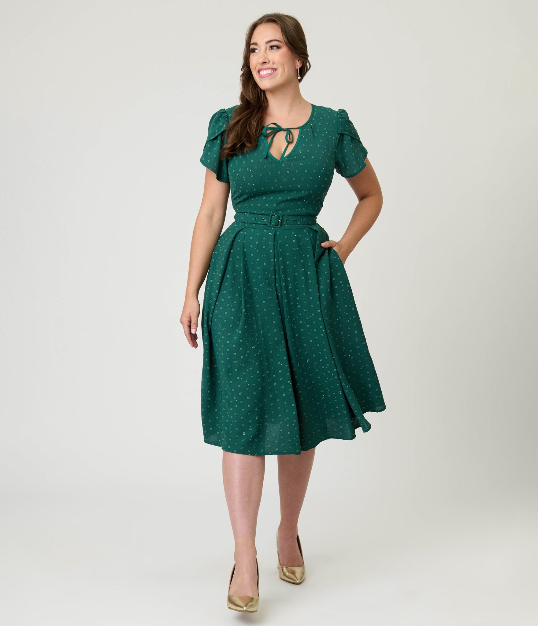 Unique Vintage Emerald & Gold Drop Dahlia Swing Dress - Unique Vintage - Womens, DRESSES, SWING
