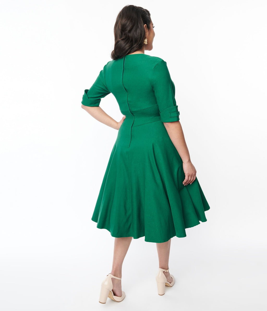 Unique Vintage Emerald Green Delores Swing Dress with Sleeves - Unique Vintage - Womens, DRESSES, SWING