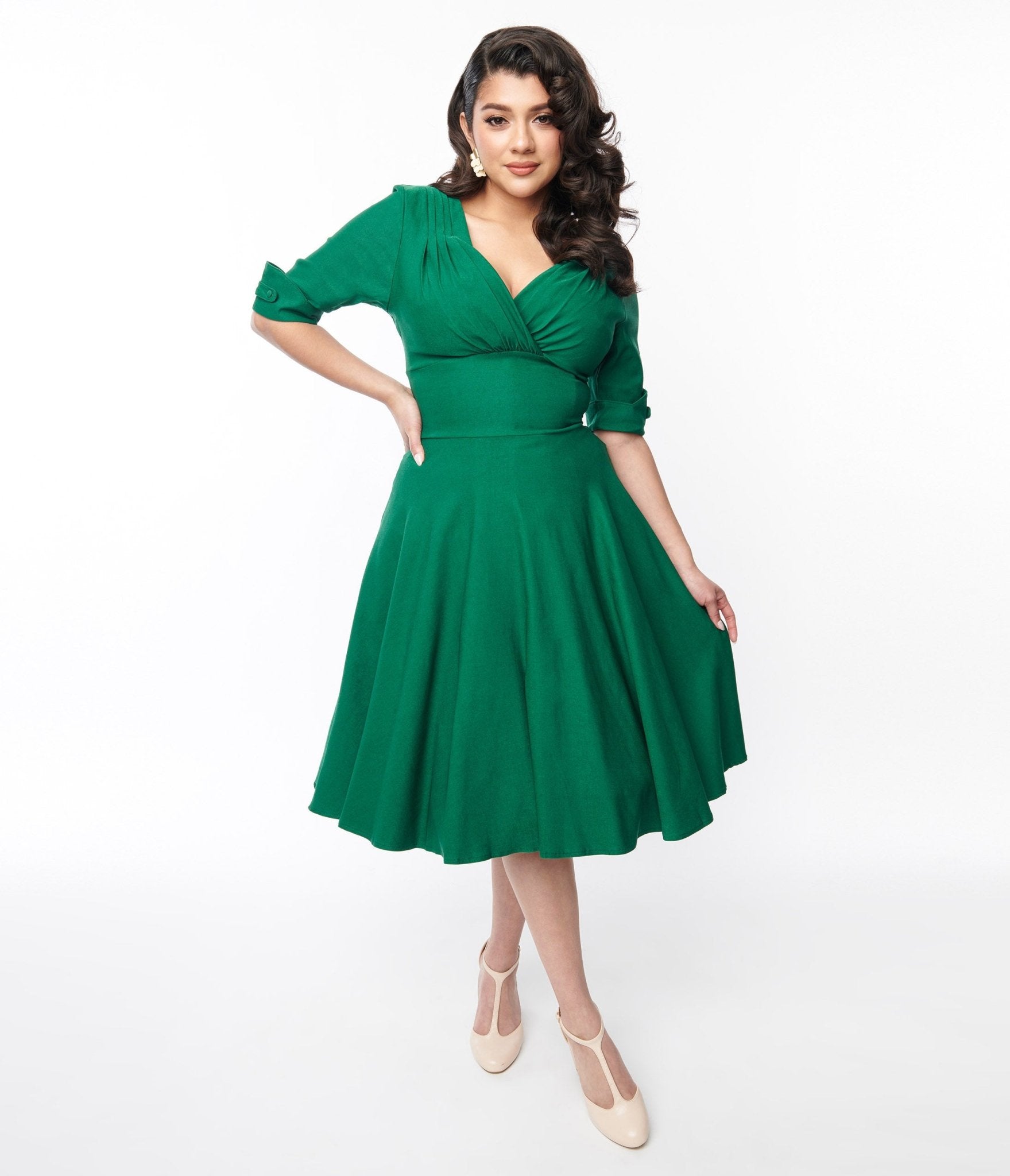 Unique Vintage Emerald Green Delores Swing Dress with Sleeves - Unique Vintage - Womens, DRESSES, SWING