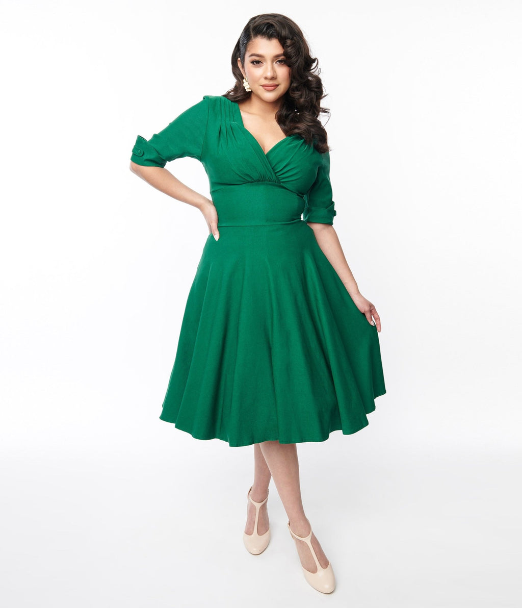 Unique Vintage Emerald Green Delores Swing Dress with Sleeves - Unique Vintage - Womens, DRESSES, SWING