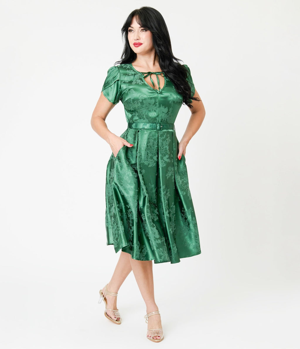 Unique Vintage Emerald Green Floral Print Dahlia Swing Dress Unique Vintage Emerald Green Floral Print Dahlia Swing Dress