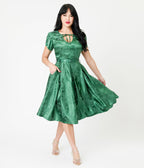 Unique Vintage Emerald Green Floral Print Dahlia Swing Dress - Unique Vintage - Womens, DRESSES, SWING