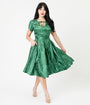 Unique Vintage Emerald Green Floral Print Dahlia Swing Dress
