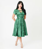 Unique Vintage Emerald Green Floral Print Dahlia Swing Dress - Unique Vintage - Womens, DRESSES, SWING