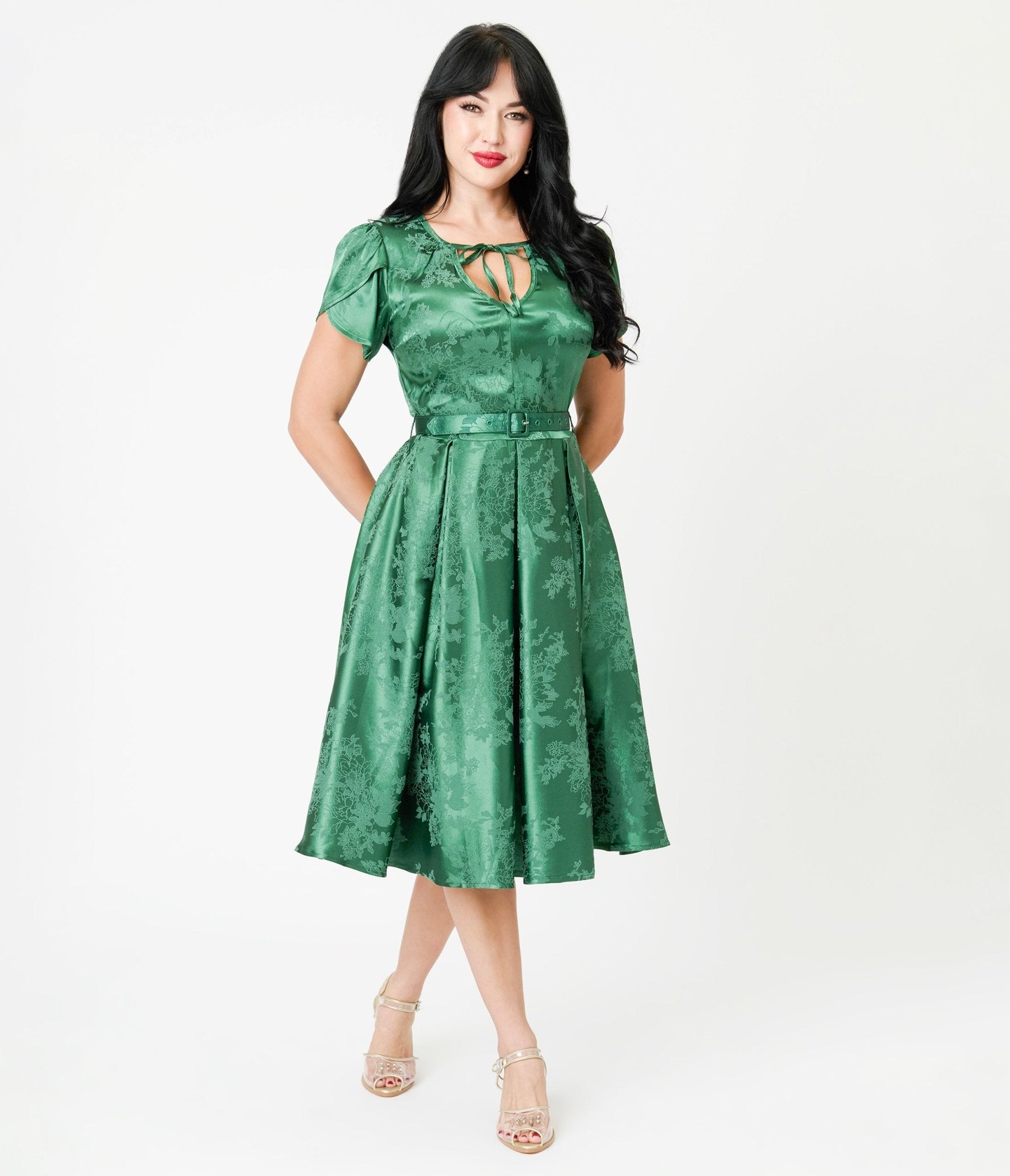 Unique Vintage Emerald Green Floral Print Dahlia Swing Dress - Unique Vintage - Womens, DRESSES, SWING