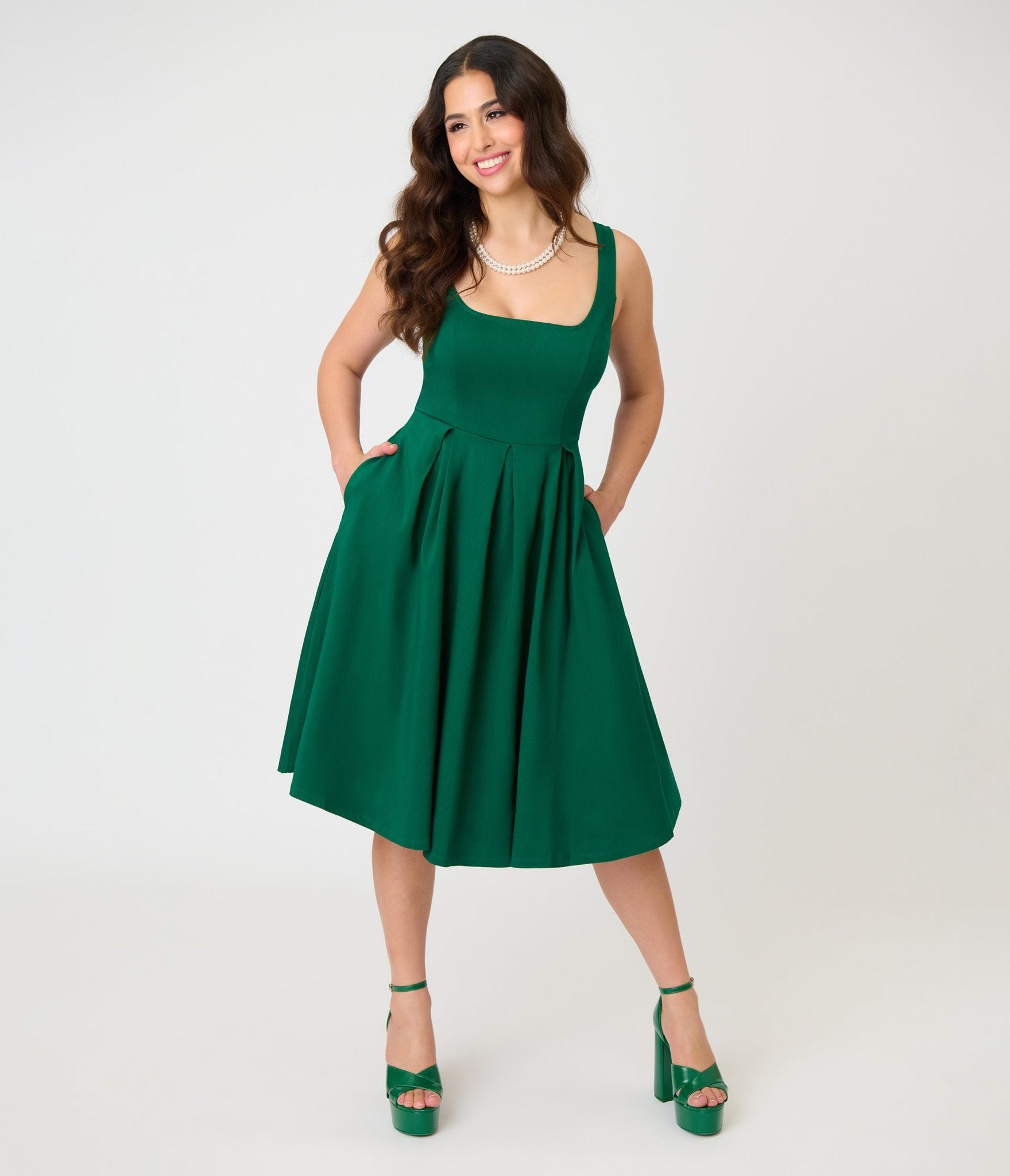 Unique Vintage Emerald Green Square Neck Pleated Swing Dress Unique Vintage Emerald Green Square Neck Pleated Swing Dress