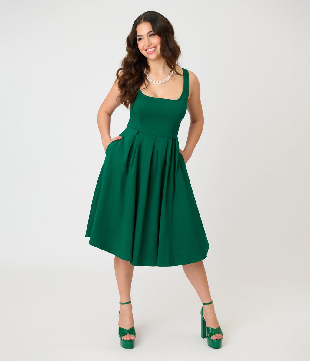 Unique Vintage Emerald Green Square Neck Pleated Swing Dress - Unique Vintage - Womens, DRESSES, SWING
