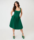 Unique Vintage Emerald Green Square Neck Pleated Swing Dress - Unique Vintage - Womens, DRESSES, SWING