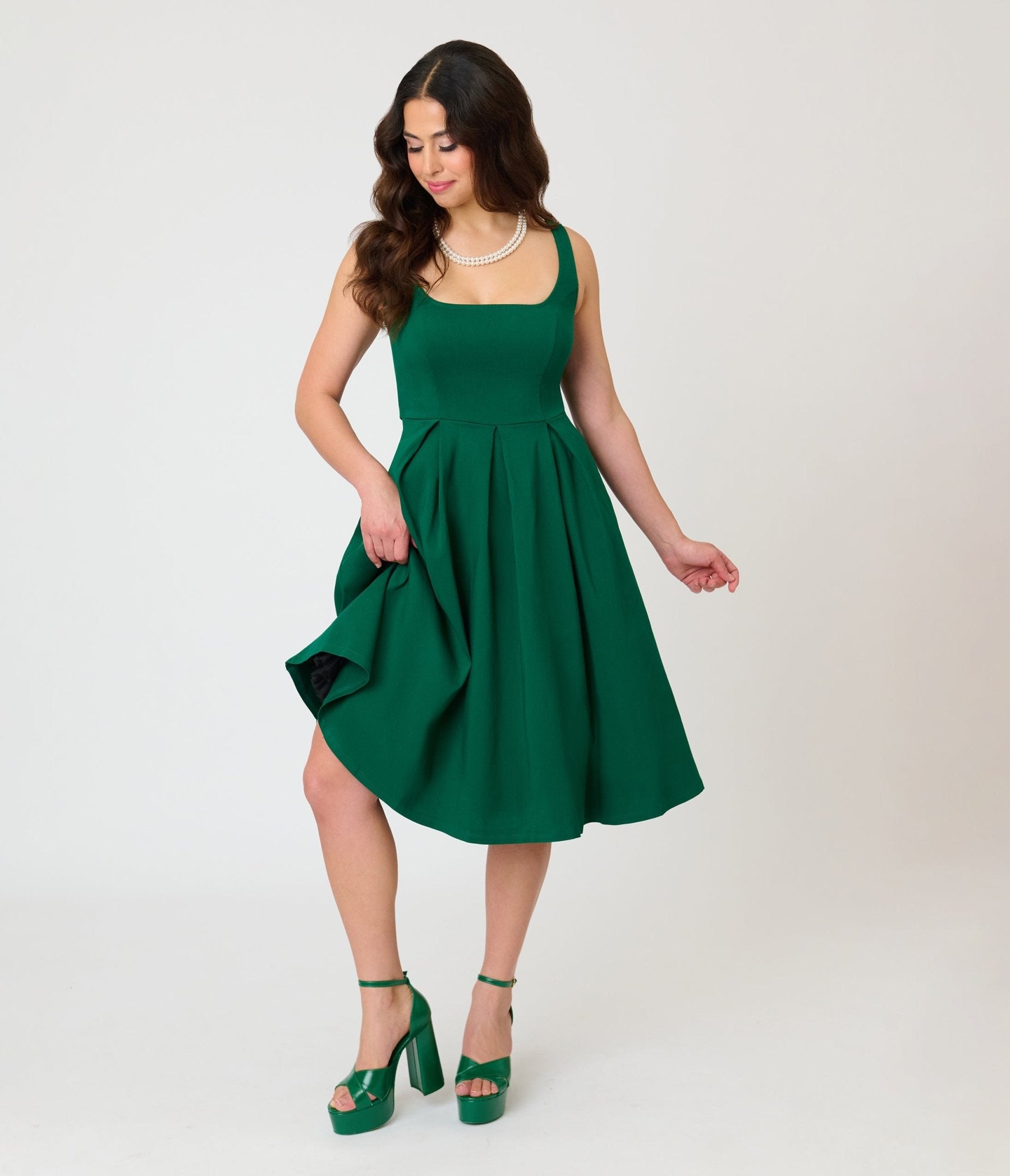 Unique Vintage Emerald Green Square Neck Pleated Swing Dress