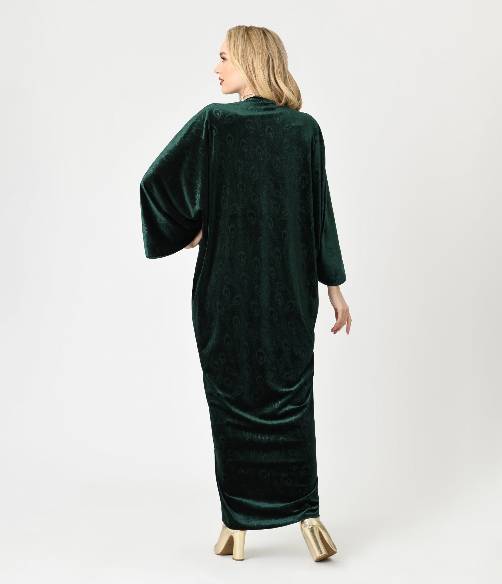 Unique Vintage Emerald Peacock Velvet Long Kimono - Unique Vintage - Womens, FLAPPER, COATS