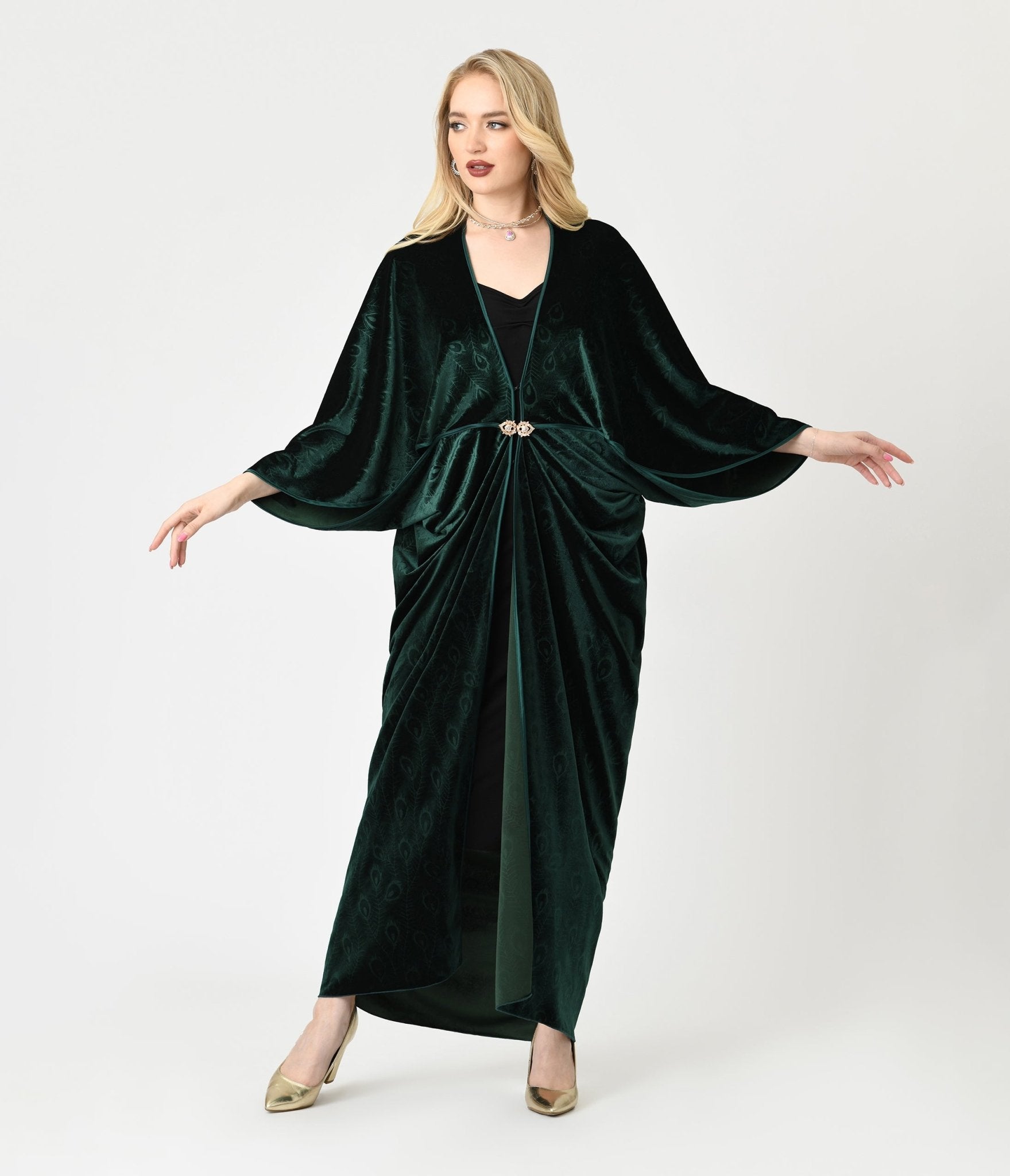 Unique Vintage Emerald Peacock Velvet Long Kimono - Unique Vintage - Womens, FLAPPER, COATS