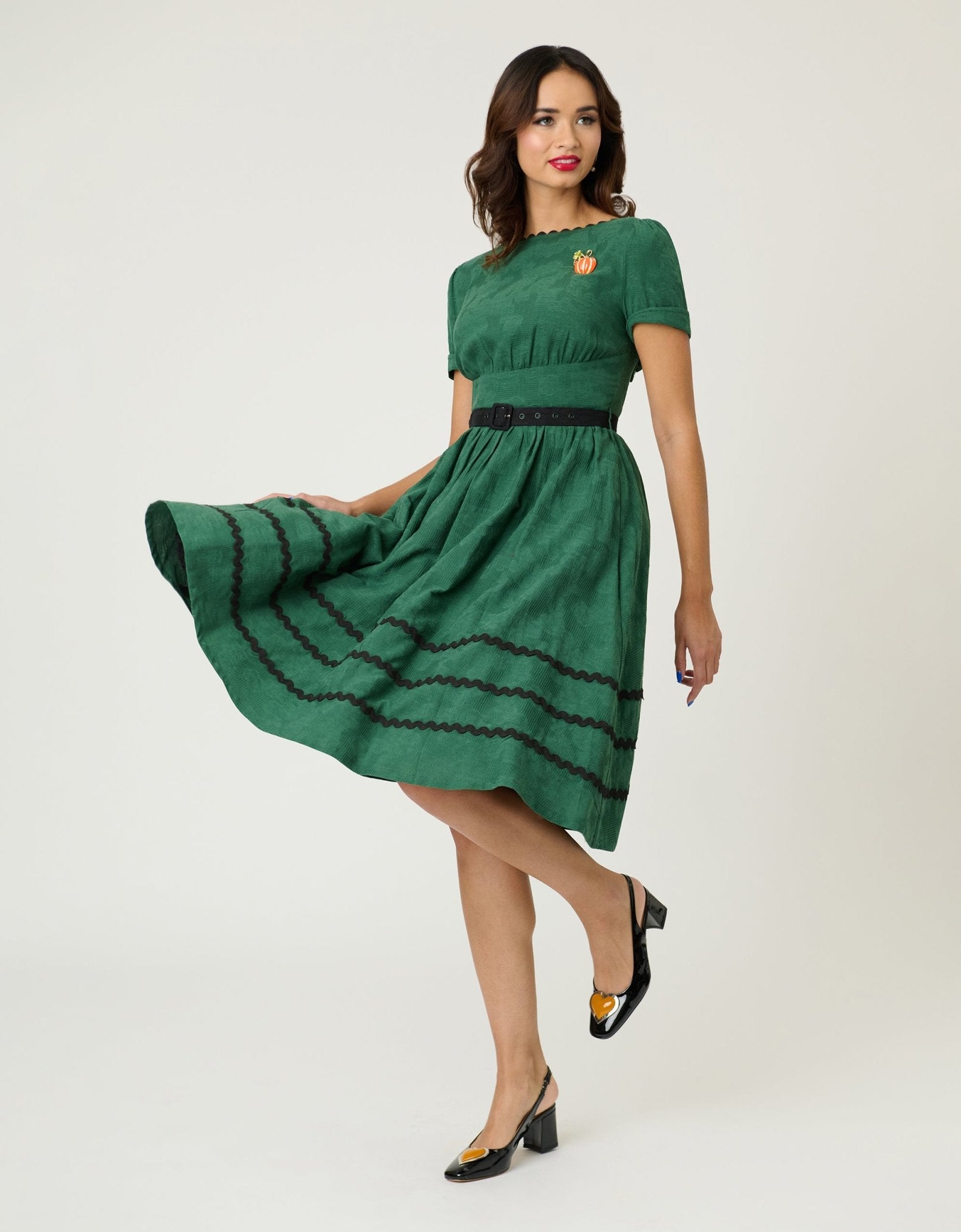 Unique Vintage Emerald & Pumpkin Pin Cotton Swing Dress - Unique Vintage - Womens, DRESSES, SWING