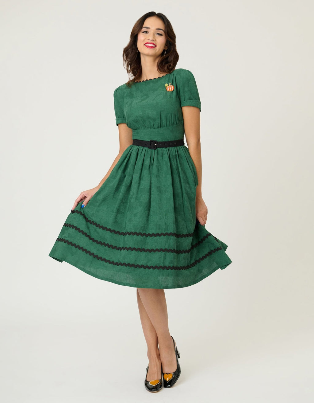 Unique Vintage Emerald & Pumpkin Pin Cotton Swing Dress - Unique Vintage - Womens, DRESSES, SWING