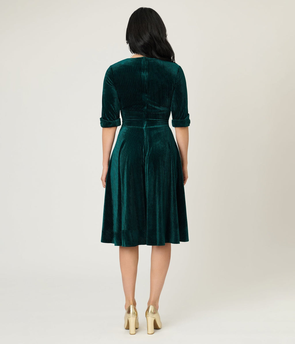Unique Vintage Emerald Textured Velvet Delores Swing Dress - Unique Vintage - Womens, DRESSES, SWING