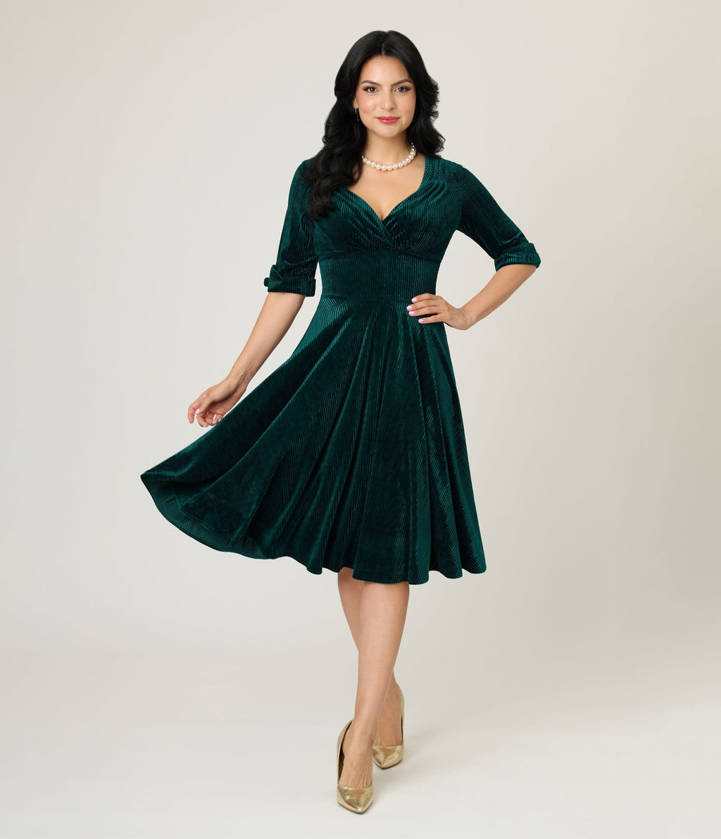 Unique Vintage Emerald Textured Velvet Delores Swing Dress - Unique Vintage - Womens, DRESSES, SWING