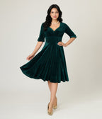 Unique Vintage Emerald Textured Velvet Delores Swing Dress - Unique Vintage - Womens, DRESSES, SWING