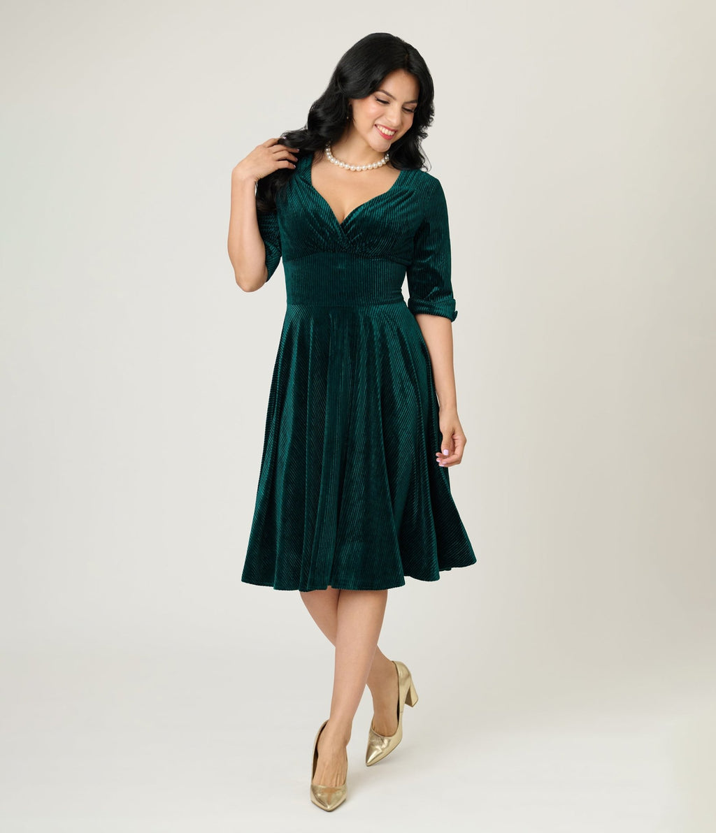 Unique Vintage Emerald Textured Velvet Delores Swing Dress - Unique Vintage - Womens, DRESSES, SWING