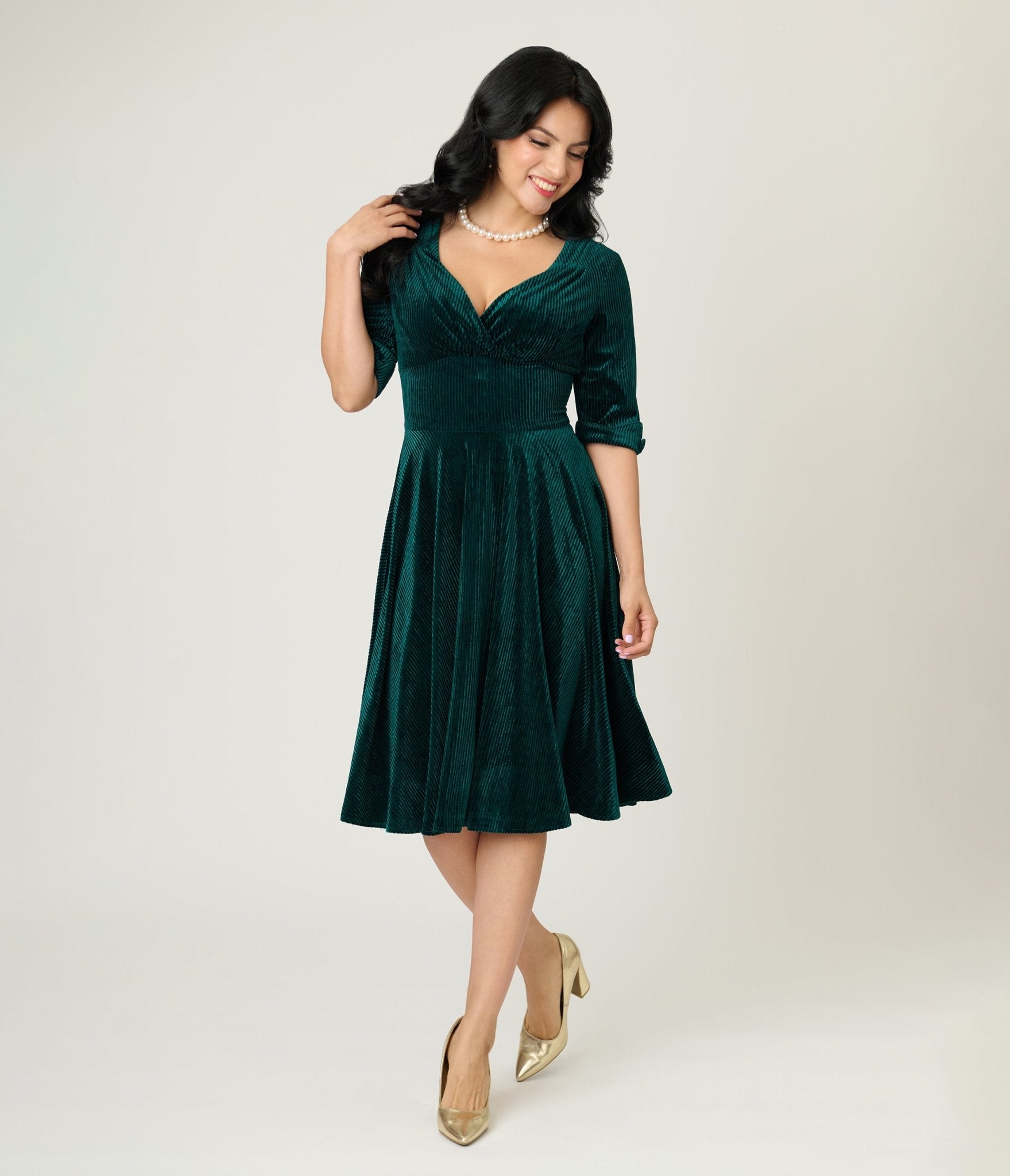 Unique Vintage Emerald Textured Velvet Delores Swing Dress