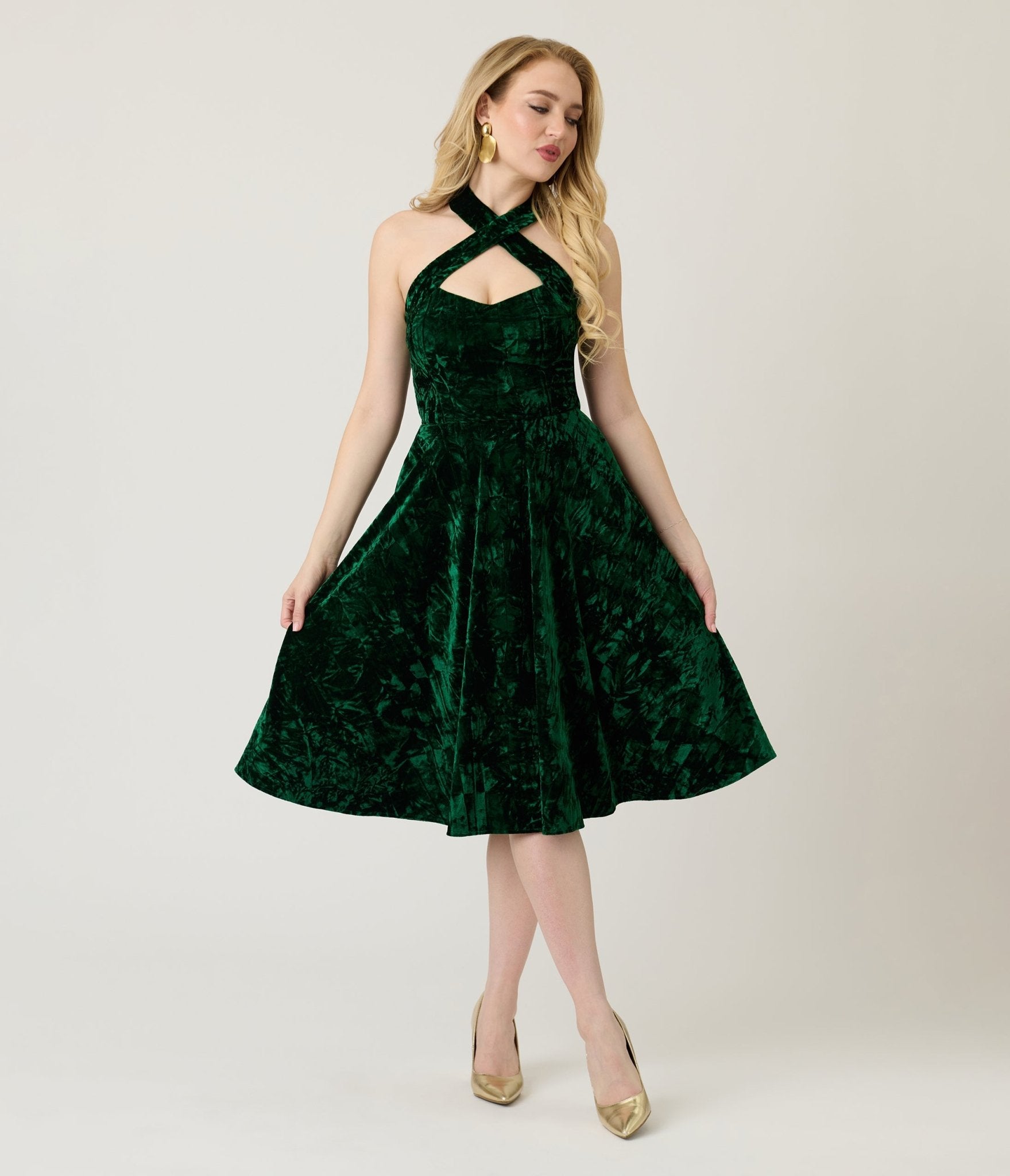 Unique Vintage Emerald Velvet Criss Cross Halter Rita Flare Dress - Unique Vintage - Womens, DRESSES, SWING