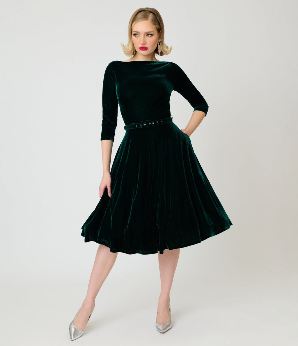 Unique Vintage Emerald Velvet Devon Swing Dress - Unique Vintage - Swing Dresses
