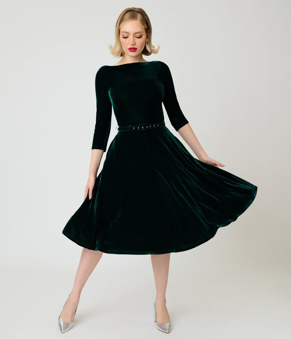 Unique Vintage Emerald Velvet Devon Swing Dress - Unique Vintage - Swing Dresses