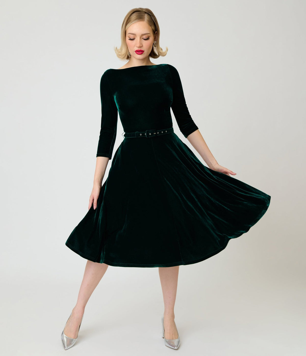 Unique Vintage Emerald Velvet Devon Swing Dress - Unique Vintage - Swing Dresses