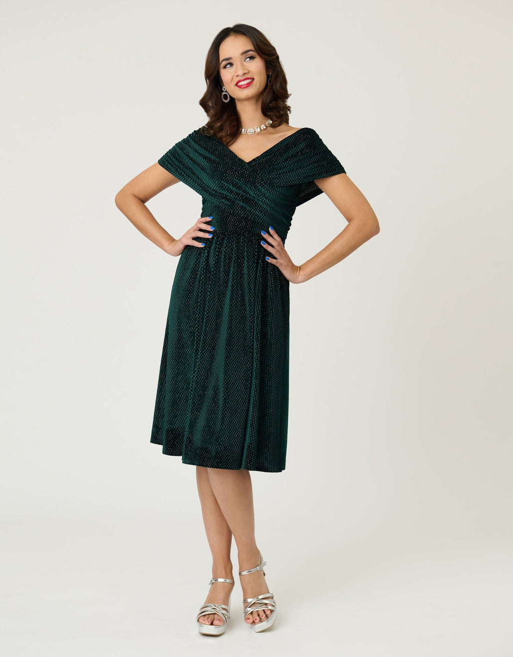 Unique Vintage Emerald Velvet Shirred Swing Dress - Unique Vintage - Womens, DRESSES, SWING