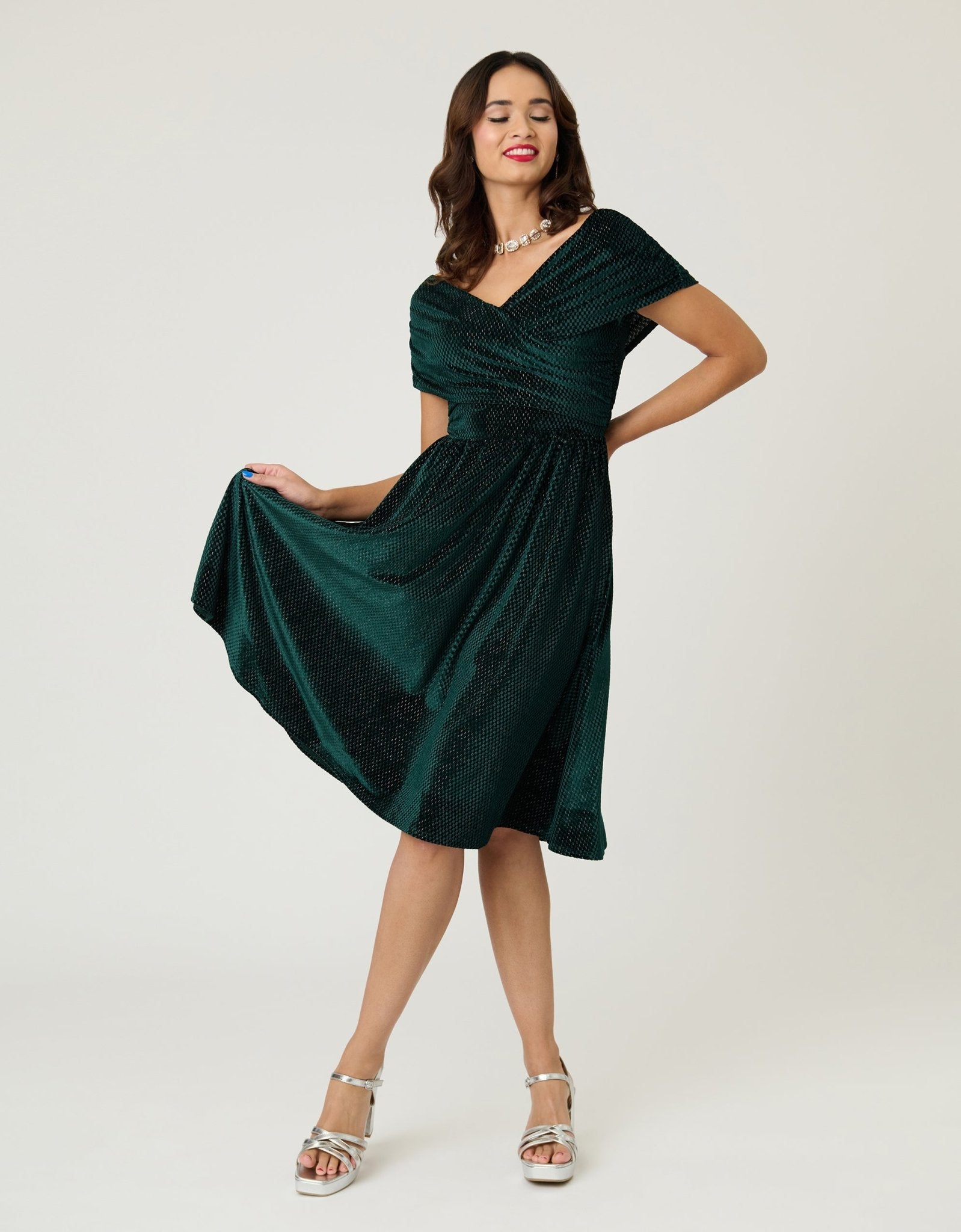Unique Vintage Emerald Velvet Shirred Swing Dress - Unique Vintage - Womens, DRESSES, SWING