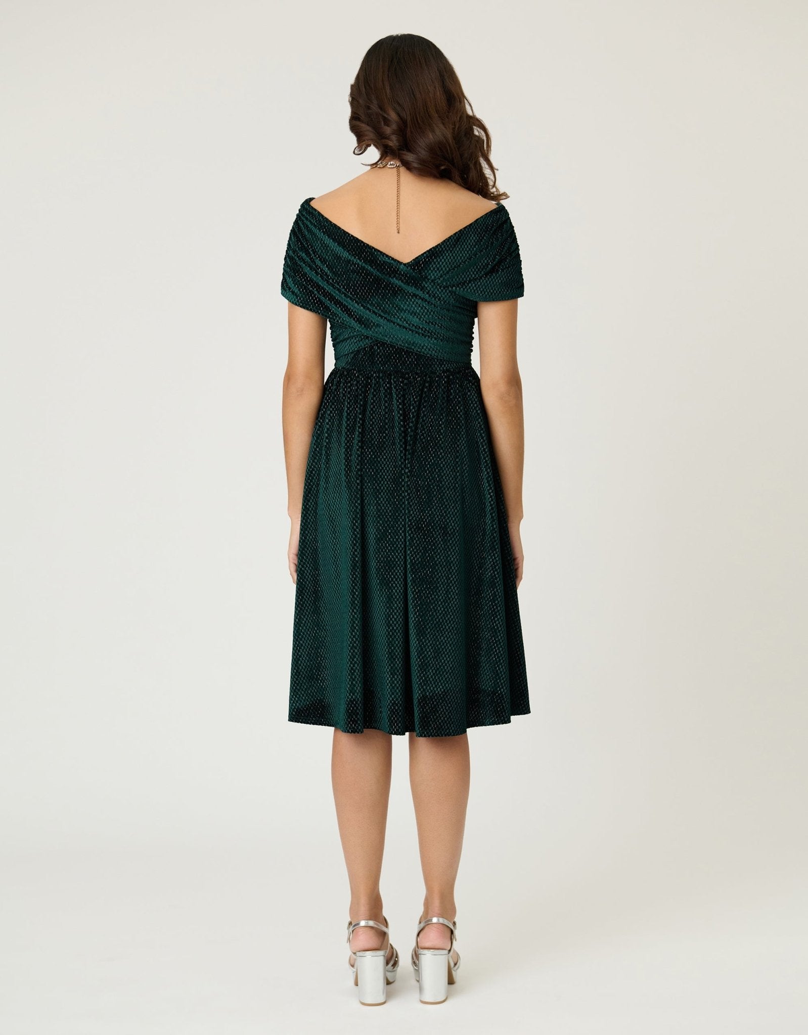 Unique Vintage Emerald Velvet Shirred Swing Dress - Unique Vintage - Womens, DRESSES, SWING