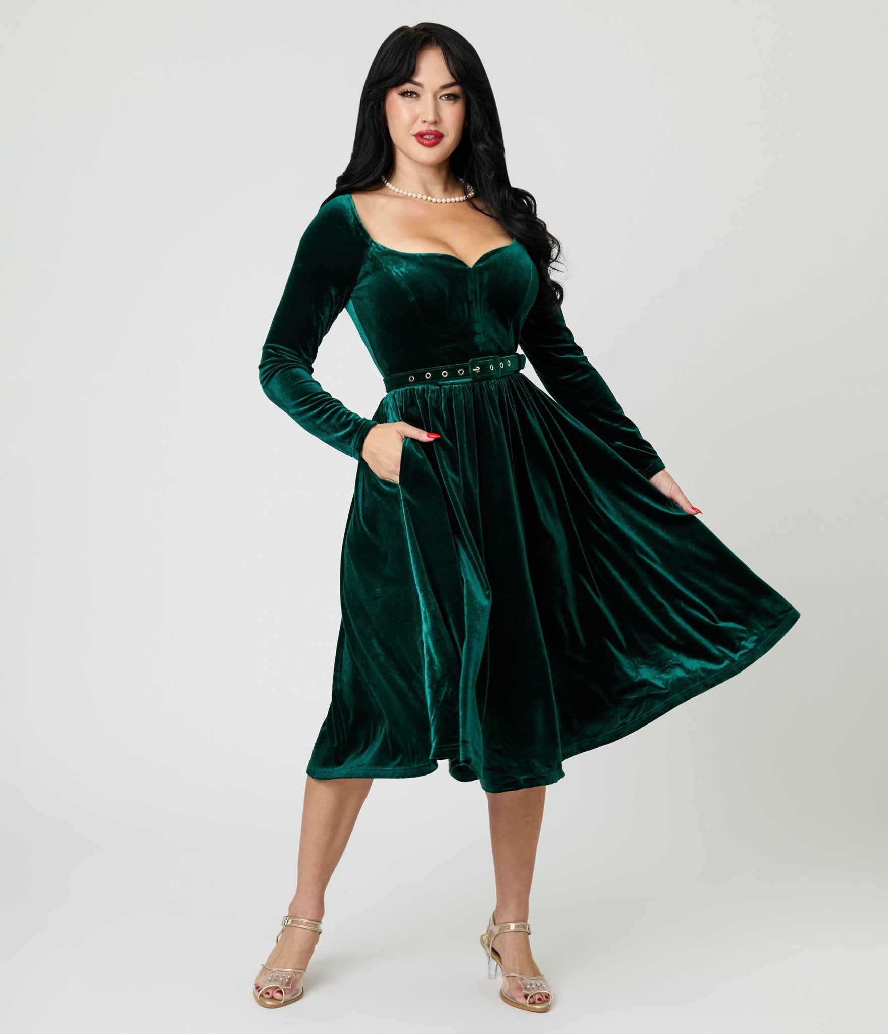 Unique Vintage Emerald Velvet Sweetheart Swing Dress - Unique Vintage - Womens, DRESSES, SWING
