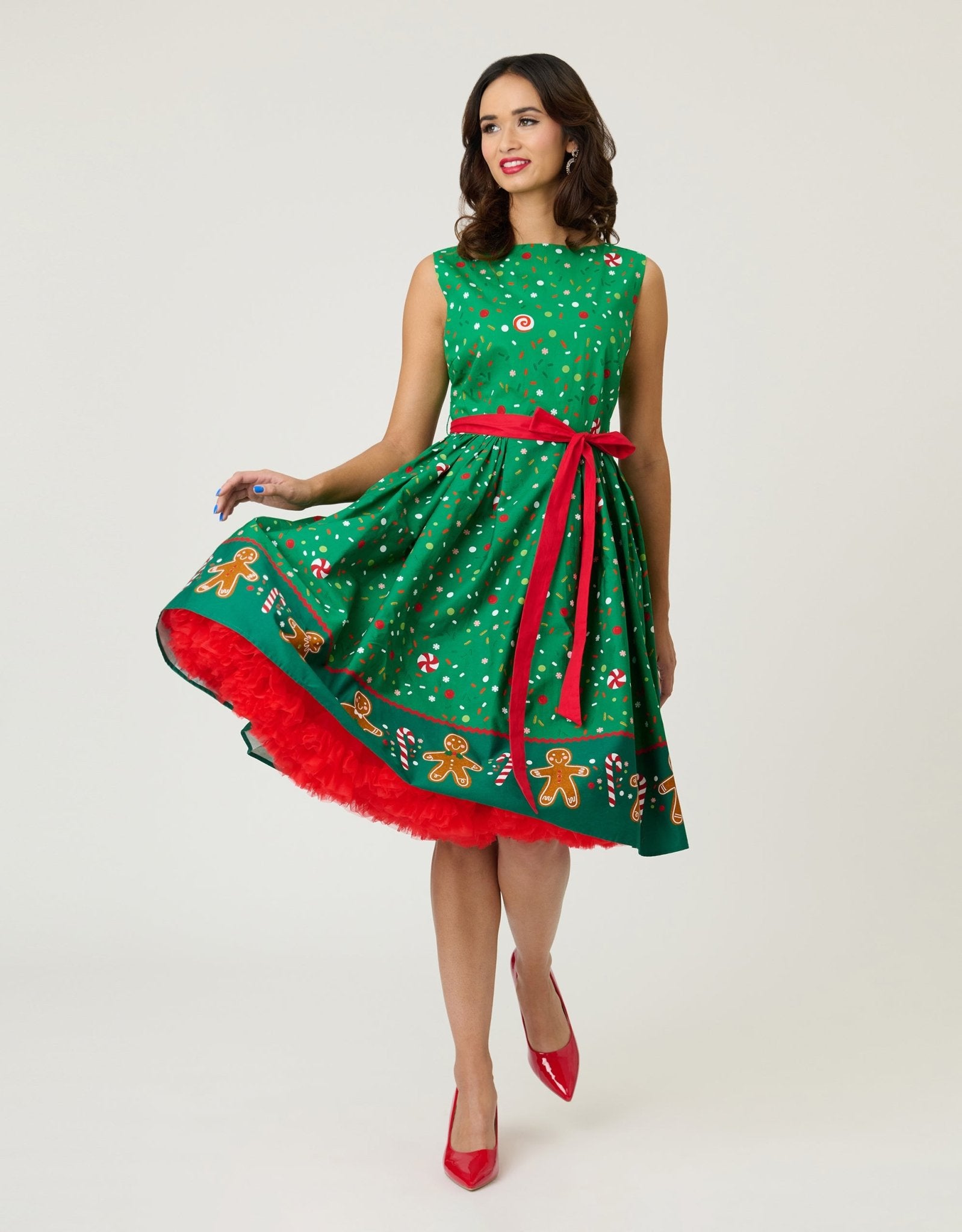 Unique Vintage Gingerbread Man Border Print Sleeveless Cotton Swing Dr