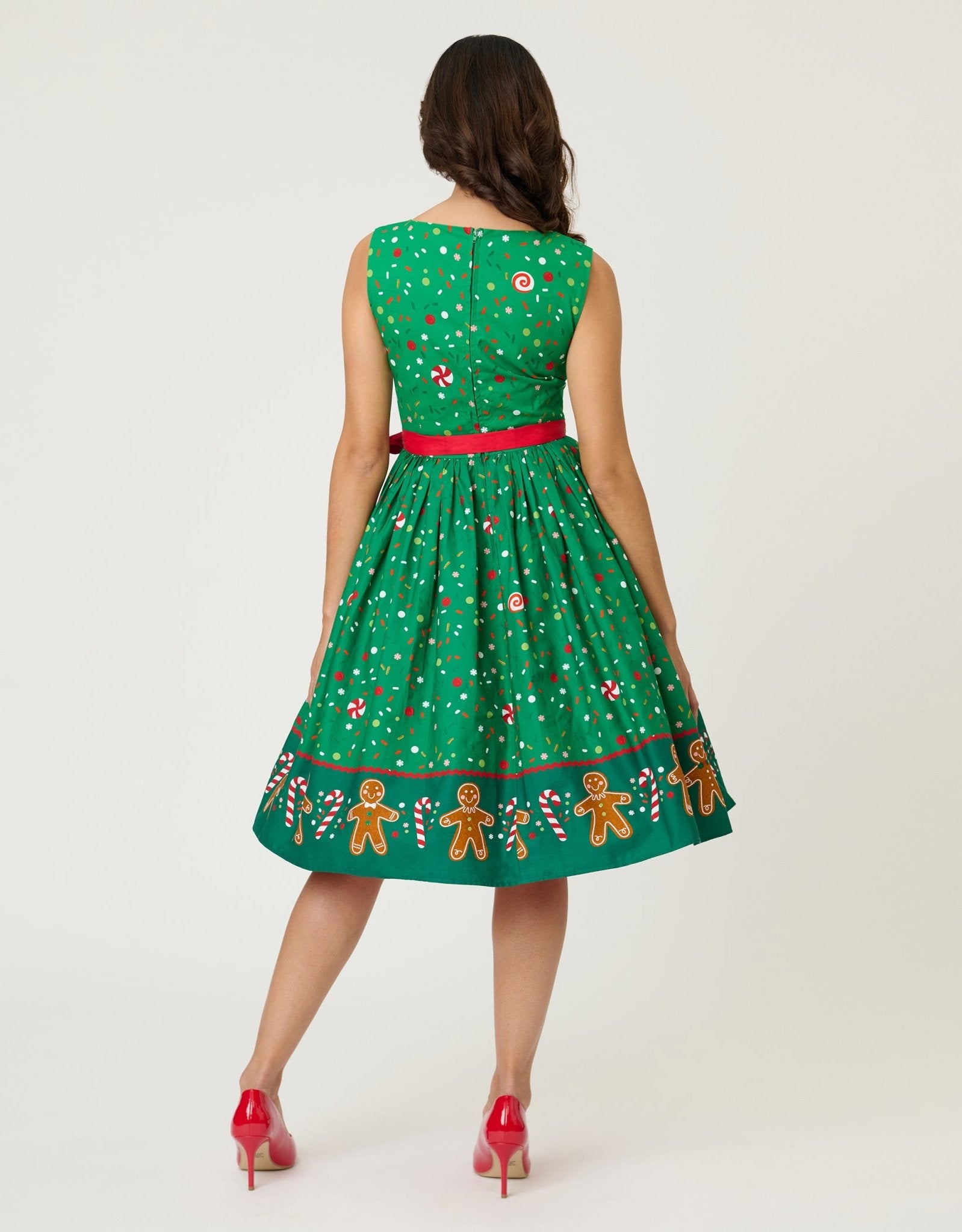 Unique Vintage Gingerbread Man Border Print Sleeveless Cotton Swing Dress - Unique Vintage - Womens, DRESSES, SWING