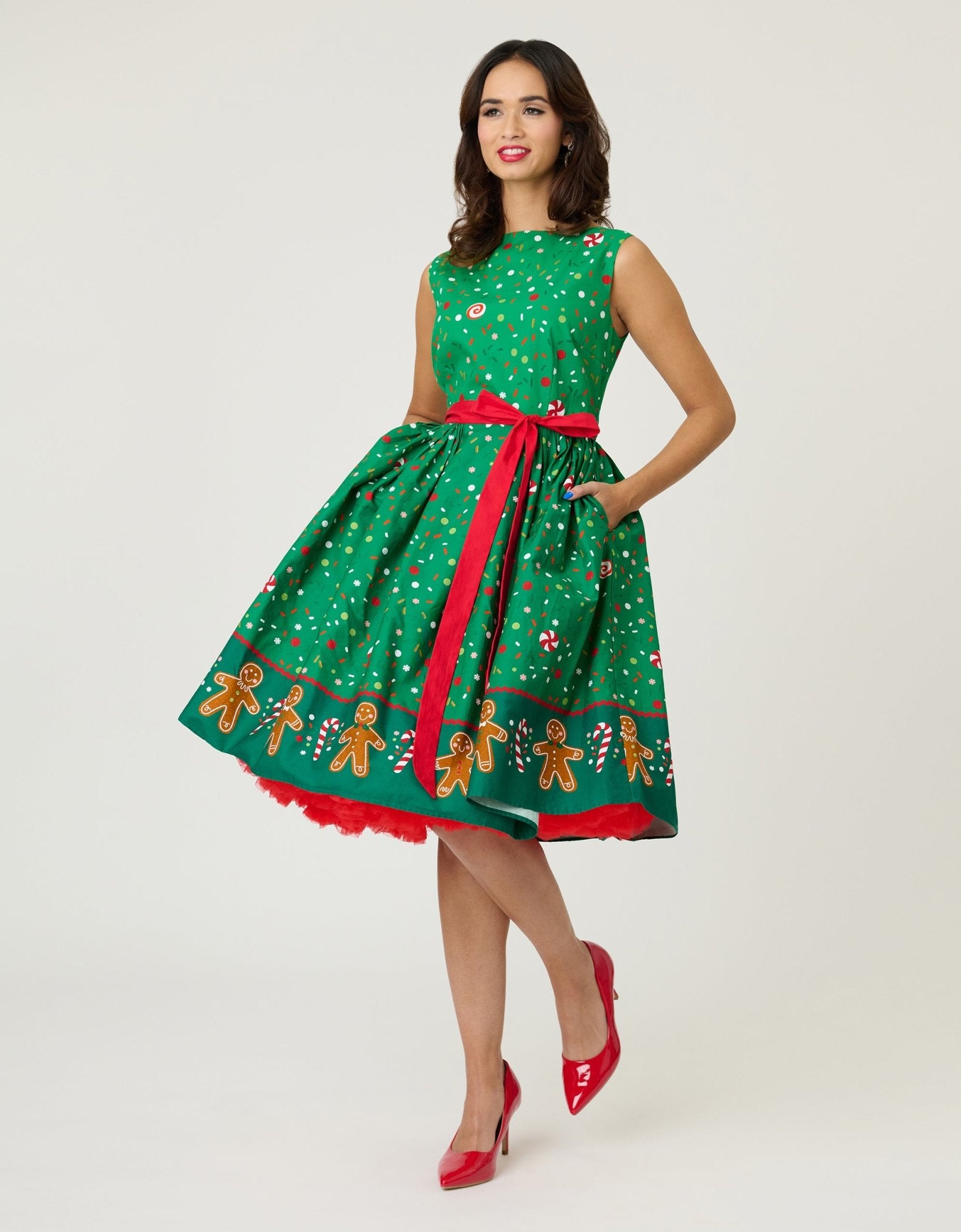 Unique Vintage Gingerbread Man Border Print Sleeveless Cotton Swing Dress - Unique Vintage - Womens, DRESSES, SWING
