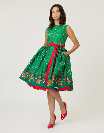 Unique Vintage Gingerbread Man Border Print Sleeveless Cotton Swing Dress - Unique Vintage - Womens, DRESSES, SWING