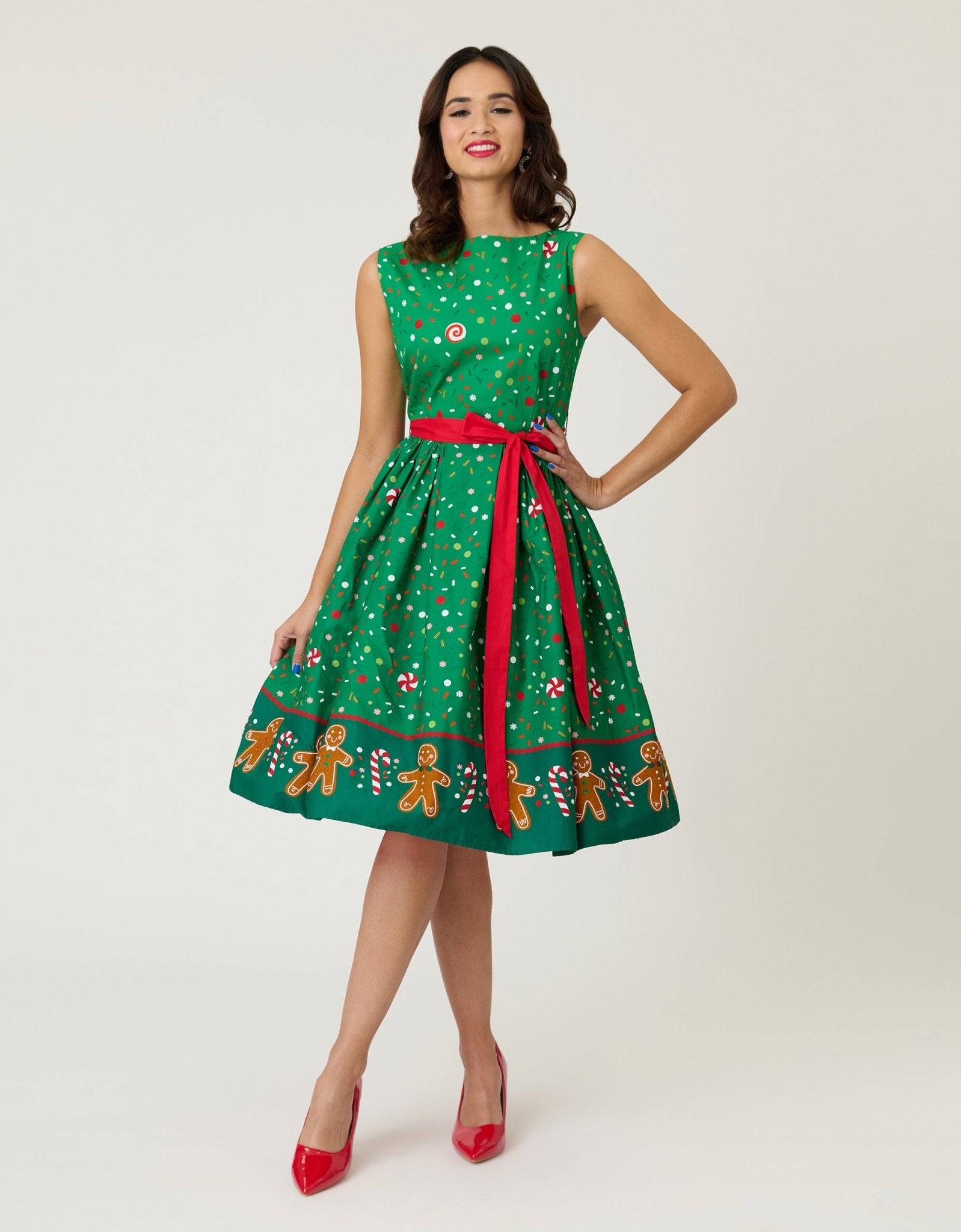 Unique Vintage Gingerbread Man Border Print Sleeveless Cotton Swing Dress - Unique Vintage - Womens, DRESSES, SWING