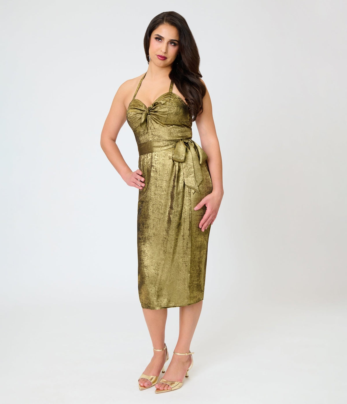 Unique Vintage Gold Shimmer Leilani Sarong Dress - Unique Vintage - Pencil Dresses