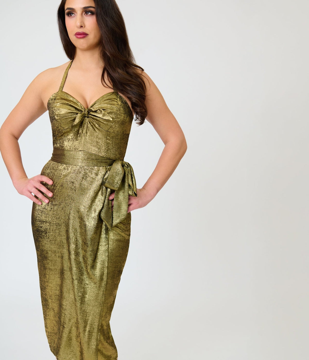 Unique Vintage Gold Shimmer Leilani Sarong Dress - Unique Vintage - Pencil Dresses