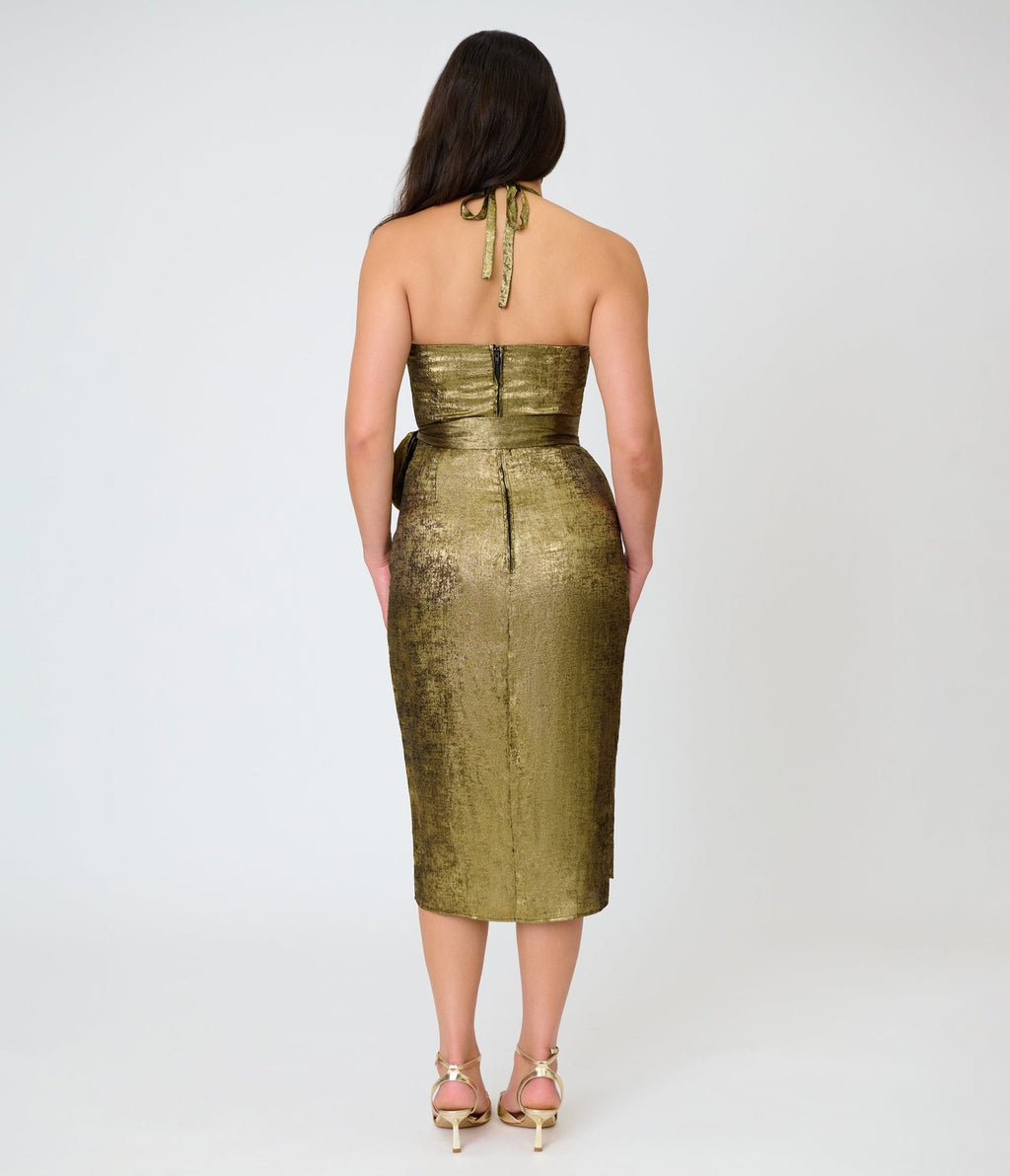 Unique Vintage Gold Shimmer Leilani Sarong Dress - Unique Vintage - Pencil Dresses