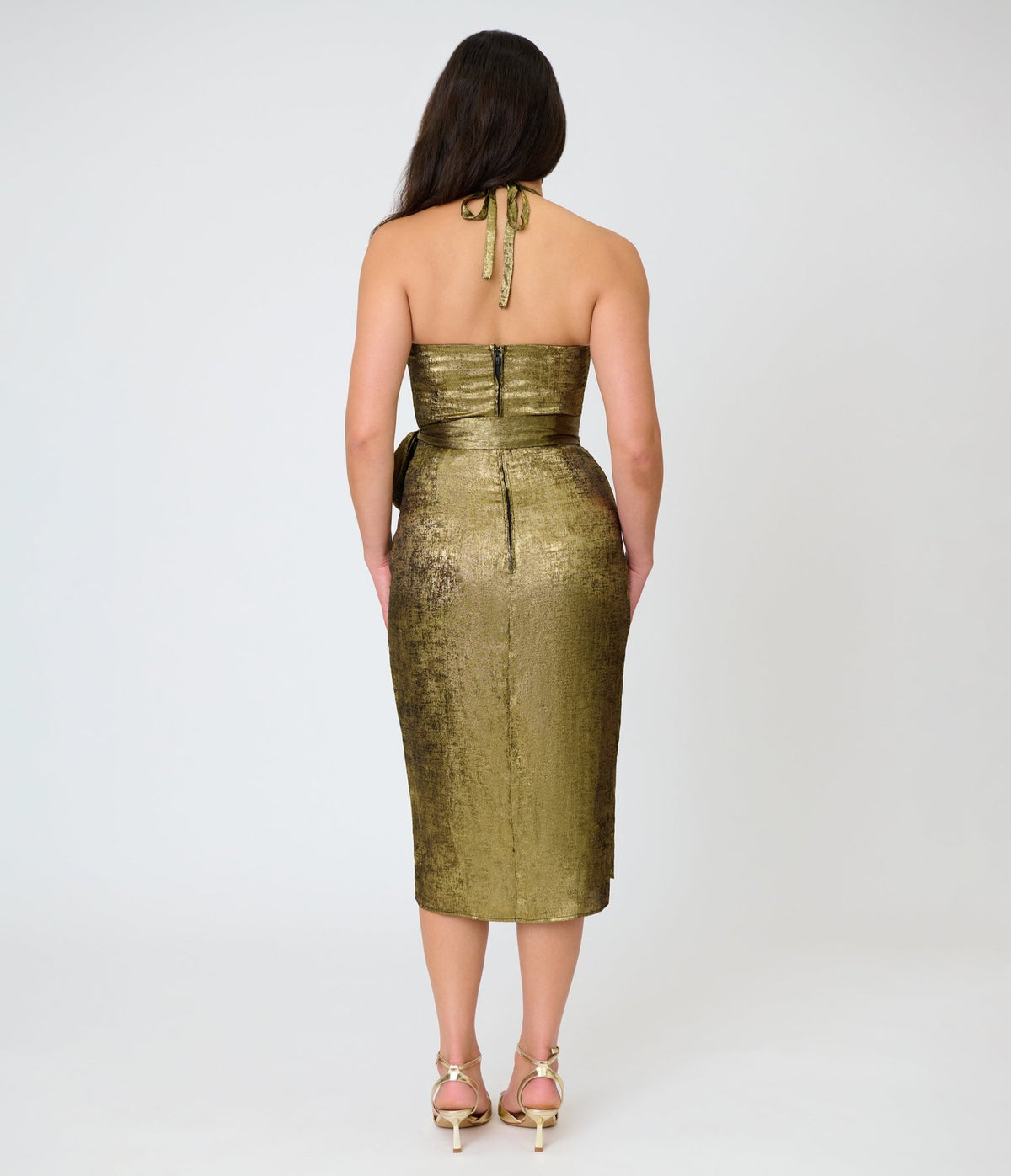 Unique Vintage Gold Shimmer Leilani Sarong Dress - Unique Vintage - Pencil Dresses