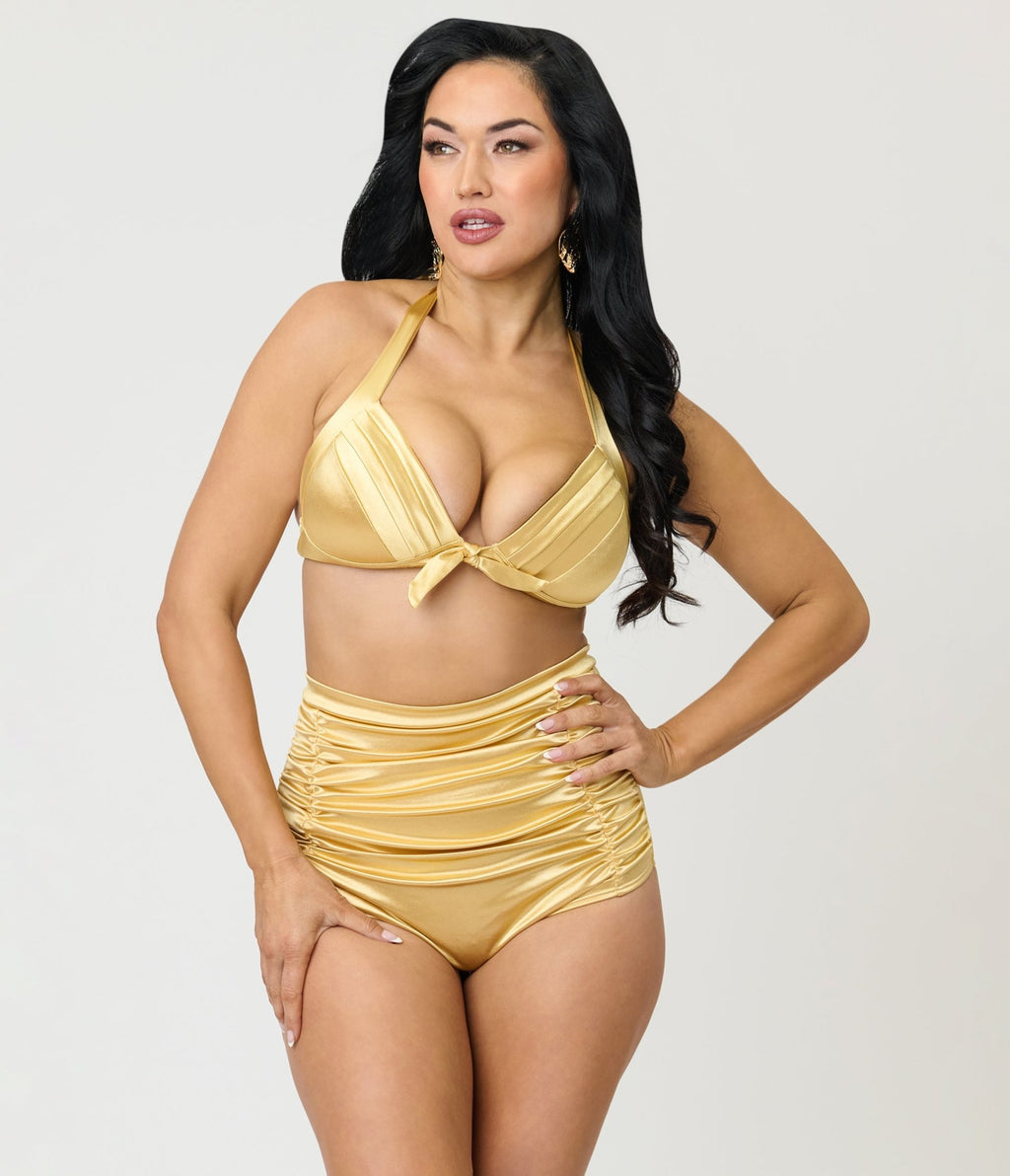 Unique Vintage Gold Shimmer Monroe Halter Swim Top - Unique Vintage - Womens, SWIM, TOP