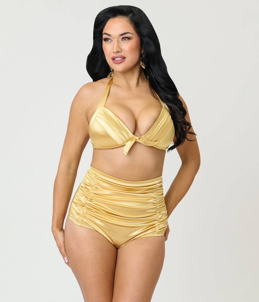Unique Vintage Gold Shimmer Monroe Halter Swim Top - Unique Vintage - Womens, SWIM, TOP