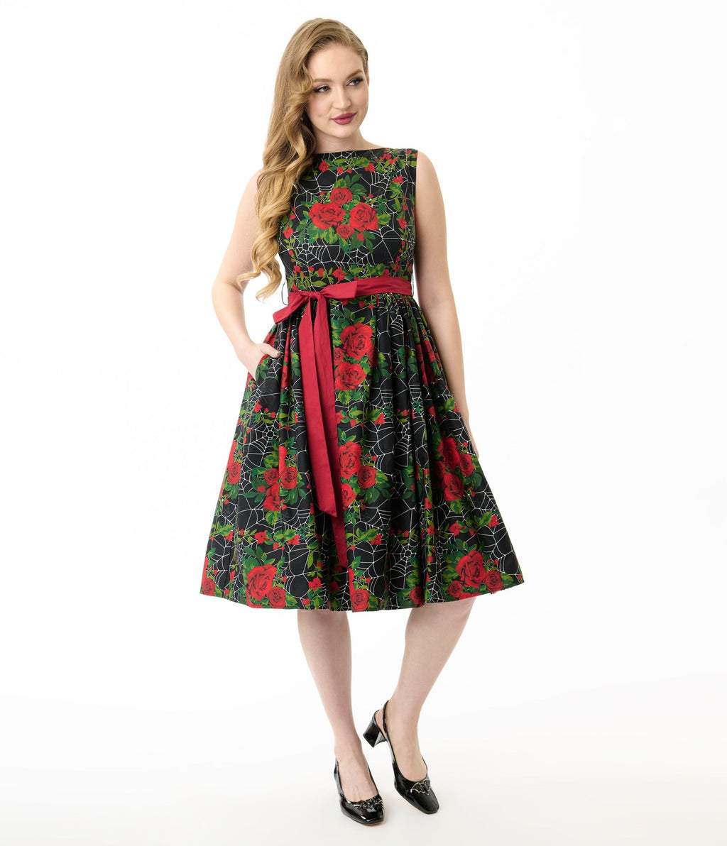 Unique Vintage Gothic Roses Sleeveless Cotton Swing Dress - Unique Vintage - Womens, DRESSES, SWING