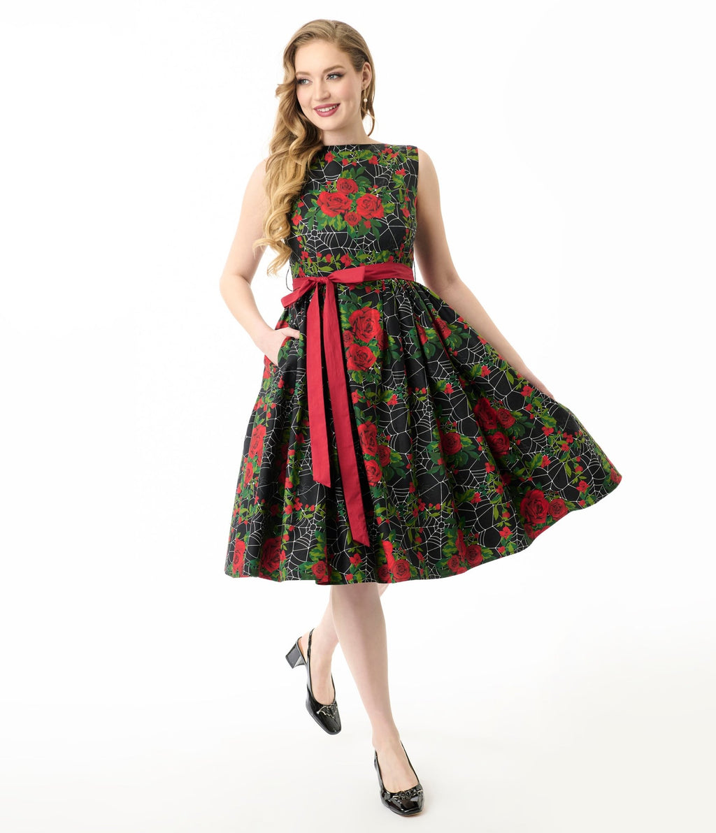 vintage gothic dresses Unique Vintage Gothic Roses Sleeveless Cotton Swing Dress